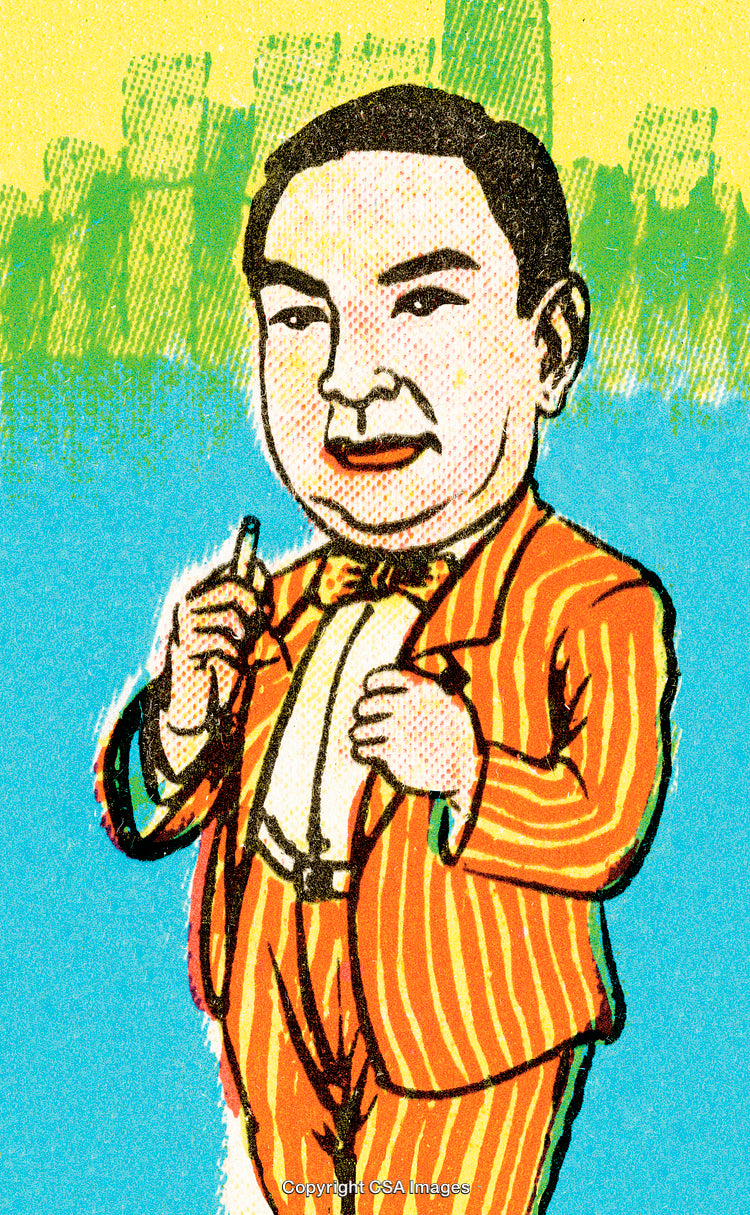 Vintage Cartoon of a Man in a Vibrant Striped Suit with Background
