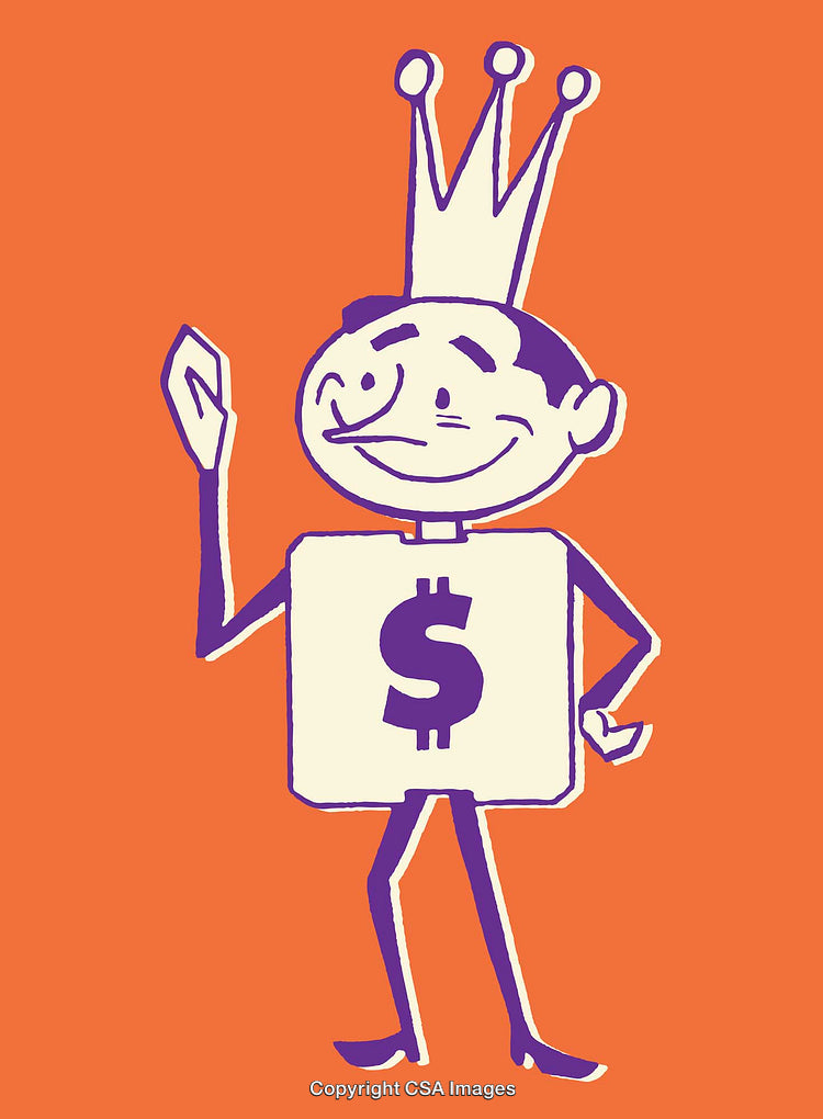 Cartoon Dollar Figure Wearing Crown on Orange Background Line Art