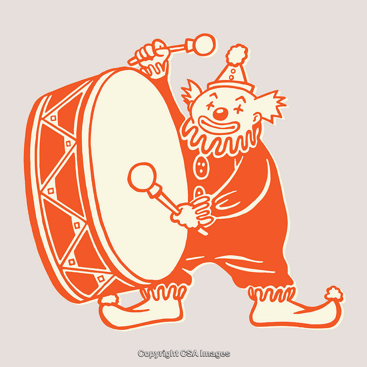 Colorful Illustration of a Clown Playing a Large Drum with Joy