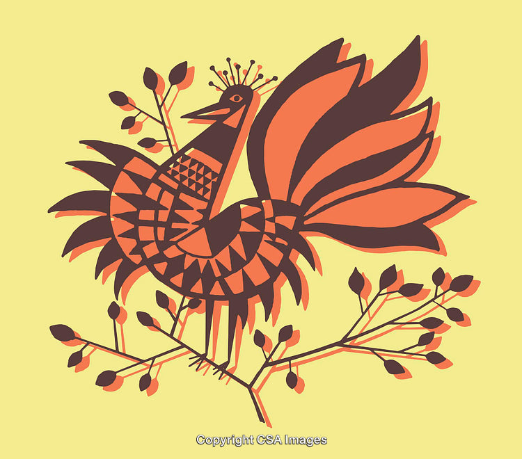 Abstract Rooster Illustration on Yellow Background with Geometric Details