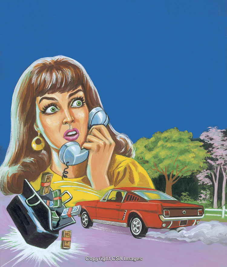 Shocked Woman on Phone With Car Chase and Money Explosion Scene