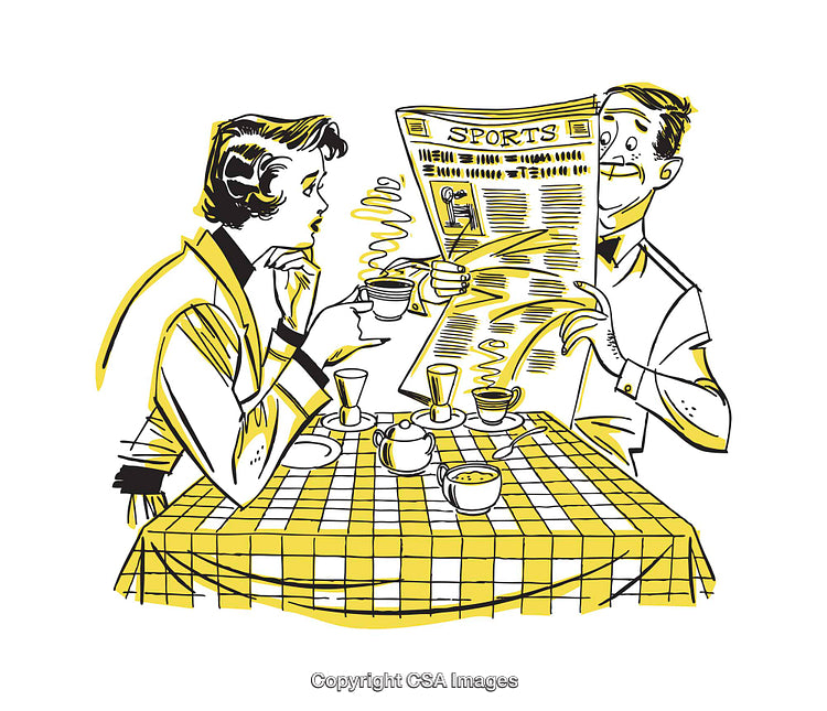 Retro Style Illustration of Couple Reading Newspaper Over Coffee