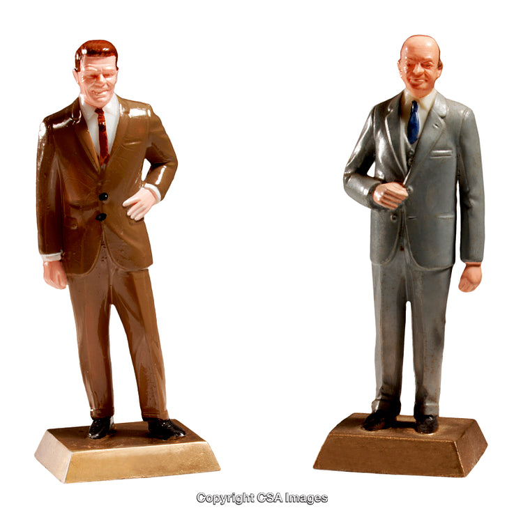 Two Vintage Plastic Figurines of Businessmen in Suits on Pedestals