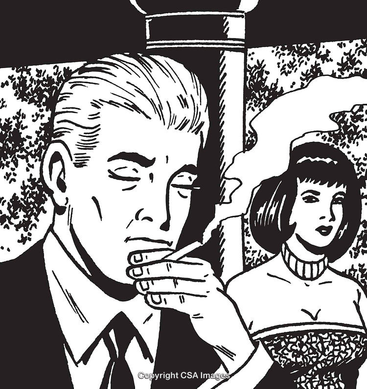 Retro Illustration of a Man Smoking and an Elegant Woman in the Background