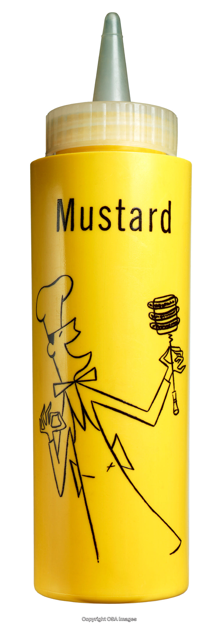 Bright Yellow Mustard Bottle with Chef Illustration and Dispenser Cap