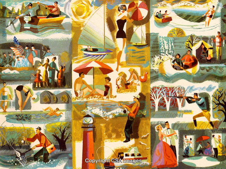 Colorful Vintage Illustration of Seasonal Outdoor Activities and Pastimes