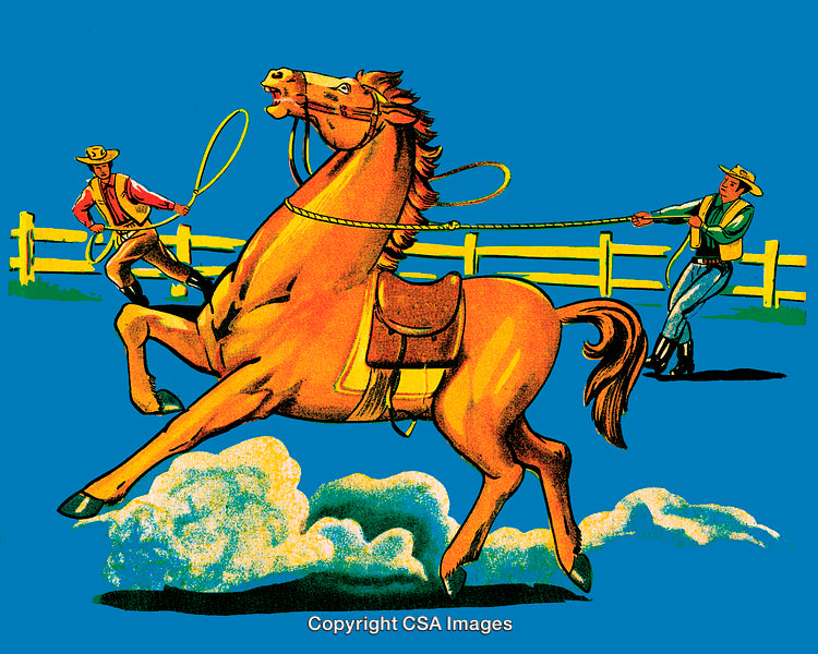 Illustrated Cowboys Lassoing a Wild Horse in a Vibrant Western Scene
