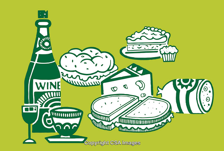Colorful Food Illustration Featuring Various Snacks and Beverages