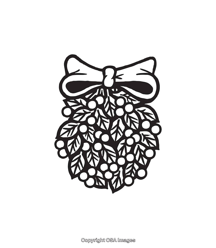 Black And White Line Art of Holiday Mistletoe with Ribbon Bow Design