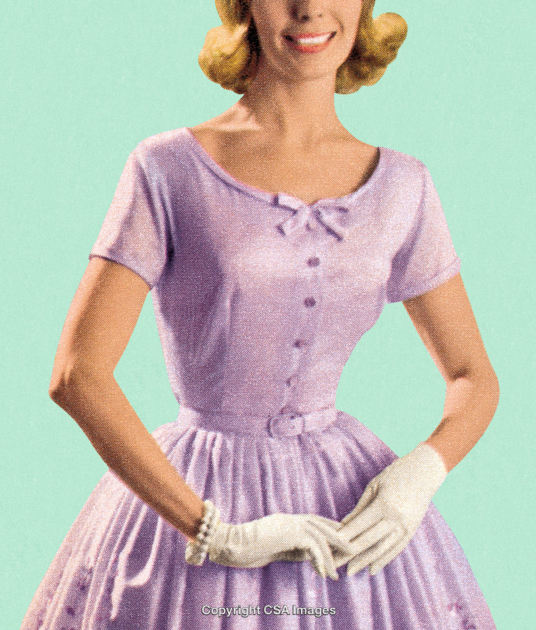 Retro Portrait of Woman in Purple Dress with Vintage Style Accessories