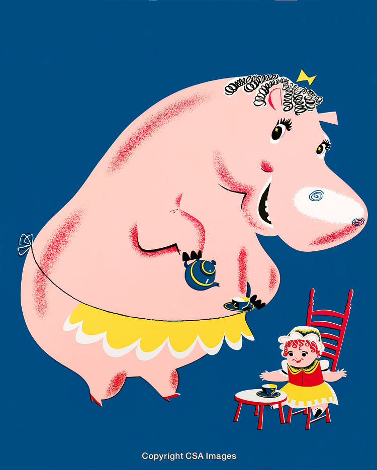 Playful Pink Hippo and Doll Having Tea Party with Bright Blue Background