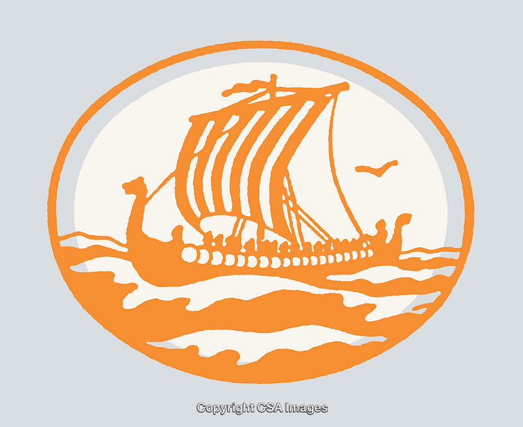 Orange Line Art Illustration of a Historic Viking Ship at Sea