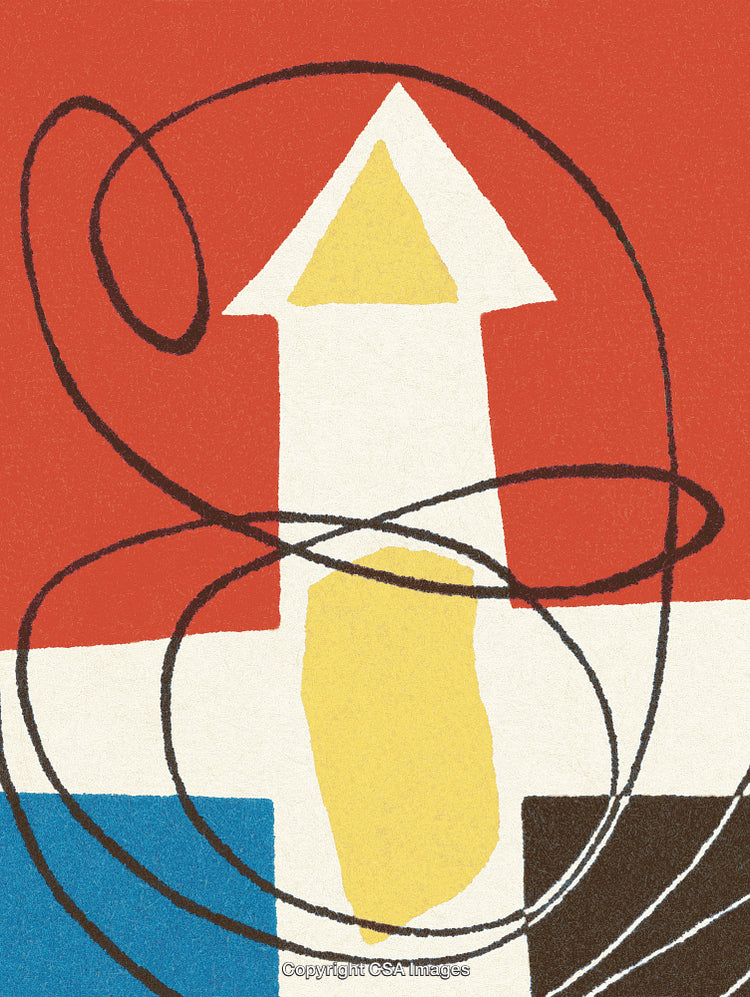 Abstract Geometric Artwork with Red, Blue, and Yellow Shapes and Lines