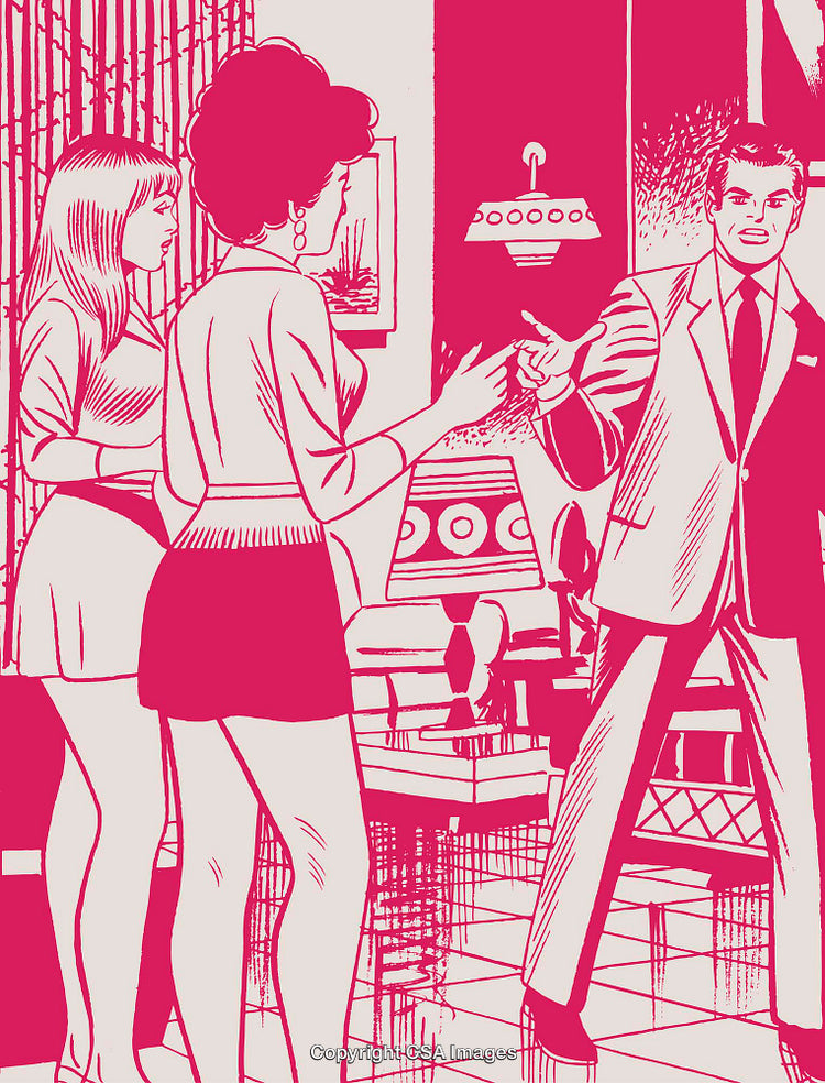 Retro Illustration Depicting Group Conversation in a Dramatic Setting