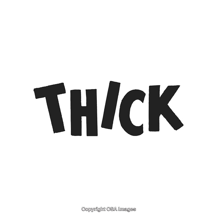 Bold Black Word 'Thick' in Sans Serif Typeface on White Background