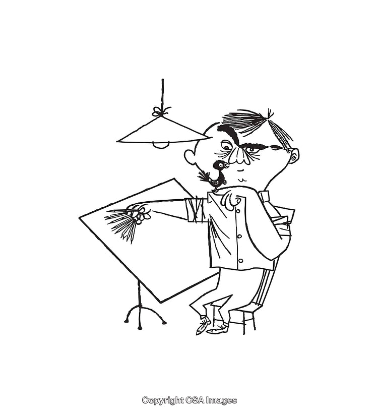 Black And White Line Art of an Artist Creating in Studio