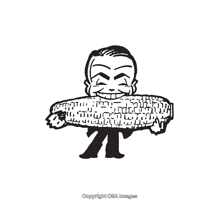 Black and White Illustration of a Person Holding a Large Ear of Corn