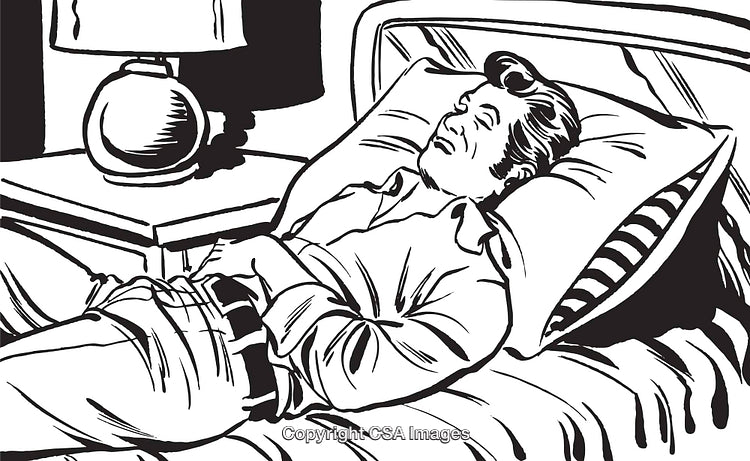 Monochrome Illustration of a Man Relaxing on a Bed in a Bedroom