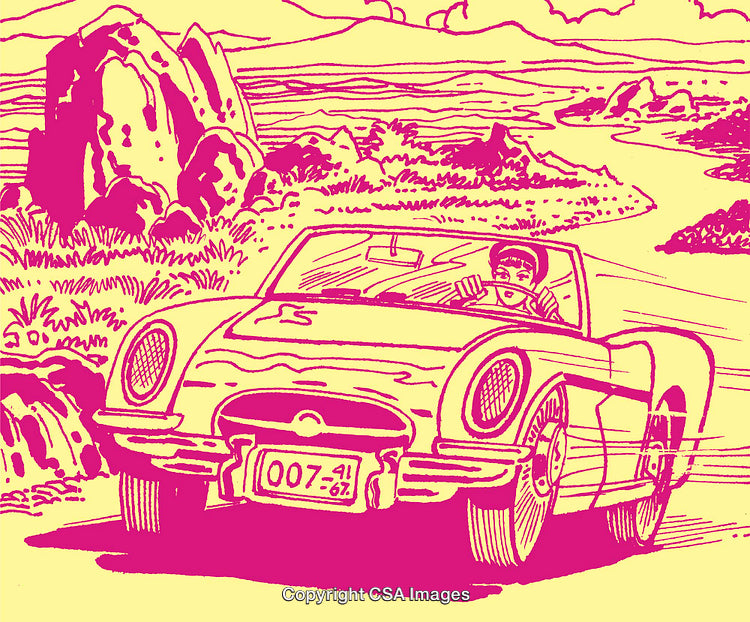 Retro Comic Car Driving Scene with Vibrant Colors and Rugged Terrain