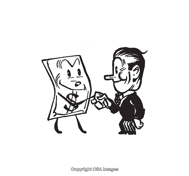 Black and White Line Art of a Businessman and Personified Money