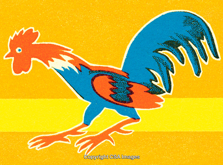 Colorful Vintage Illustration of a Rooster on a Bright Yellow Background