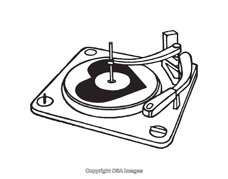 Black And White Illustration of a Turntable with Heart Shaped Record