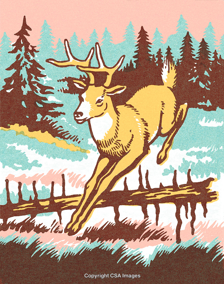 Majestic Deer Jumping in a Scenic Forest Setting with Pastel Colors