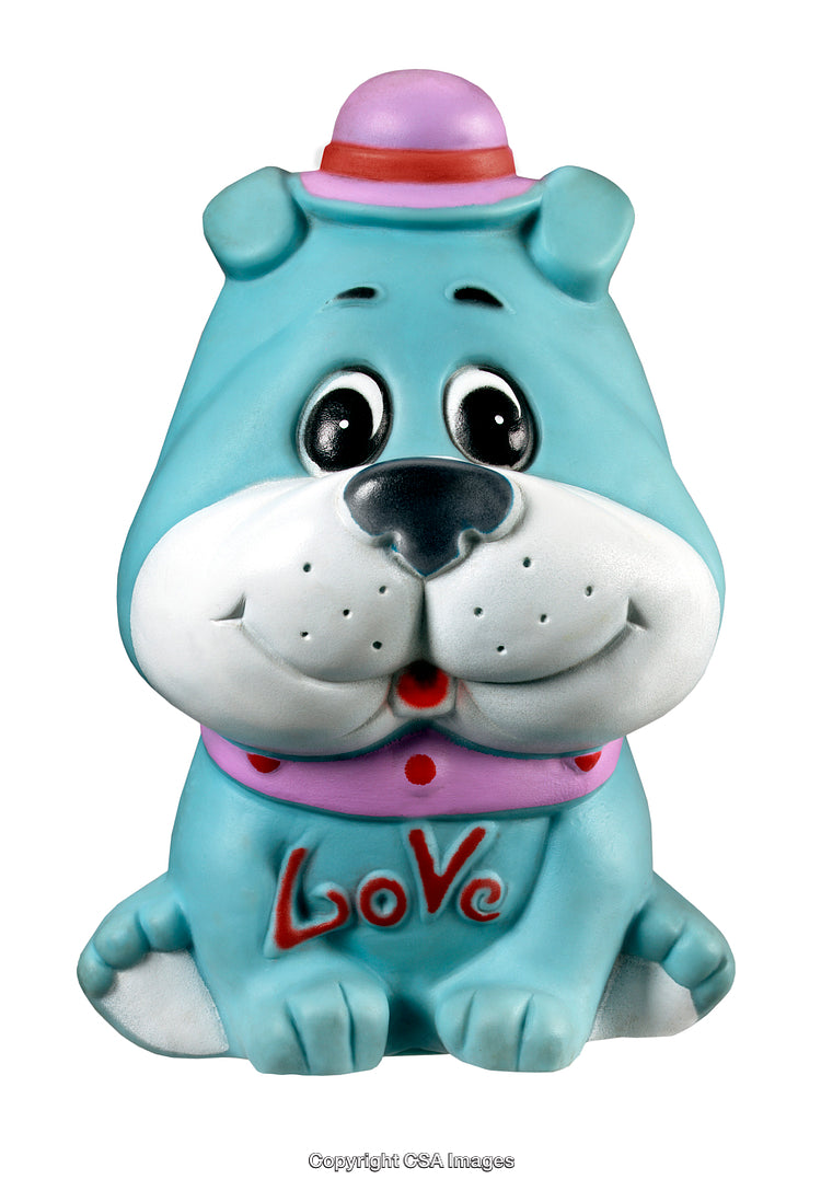Cute Blue Dog Figurine with Love Text and Pink Hat