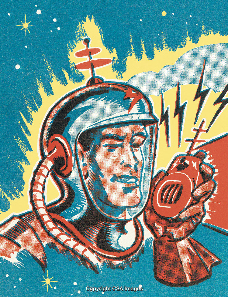Vintage Comic Illustration of a Space Explorer Communicating via Radio