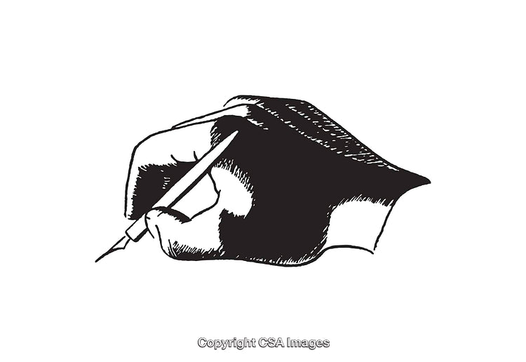 Black and White Line Drawing of a Hand Writing With Pen