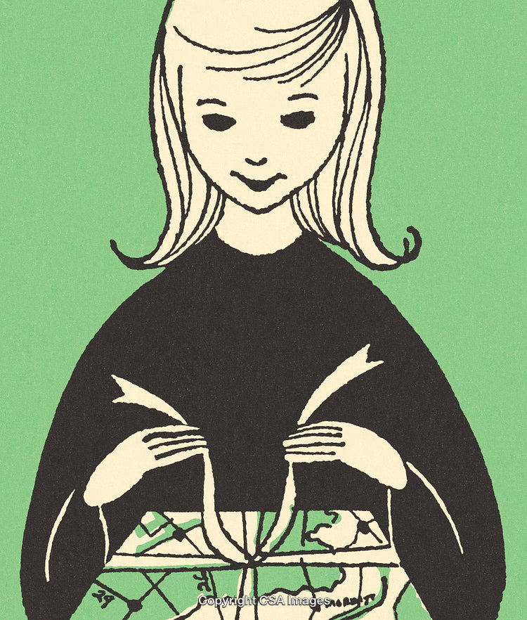 Illustration of Young Girl Holding Globe Map in Minimalist Design
