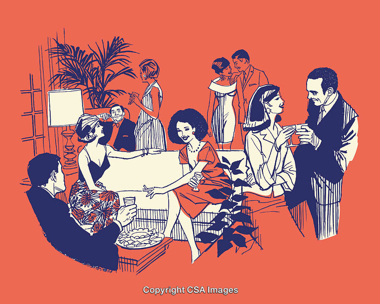 Elegant Social Gathering Depicted in Vibrant Retro Line Art Illustration