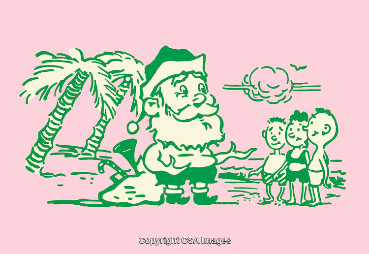Whimsical Santa Claus Illustration on a Tropical Beach with Three Children