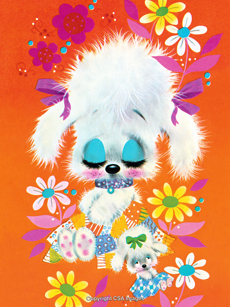 Cute White Cartoon Puppy With Colorful Flowers on Bright Orange Background