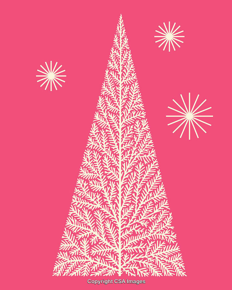 Intricate Christmas Tree Illustration with Minimalist Design on Pink Background