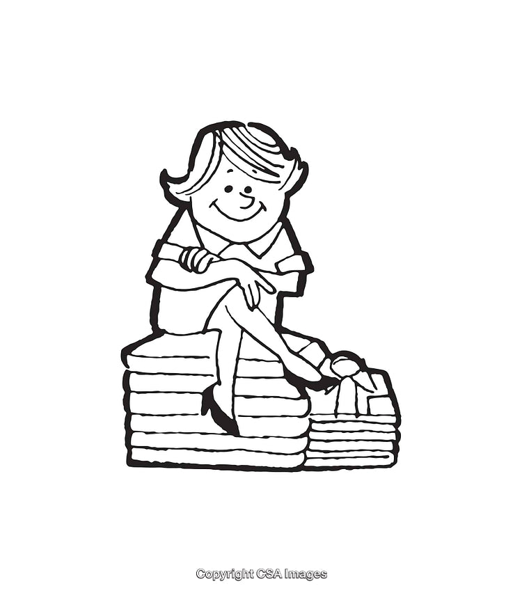 Black and White Illustration of a Smiling Girl Sitting on Stacked Books