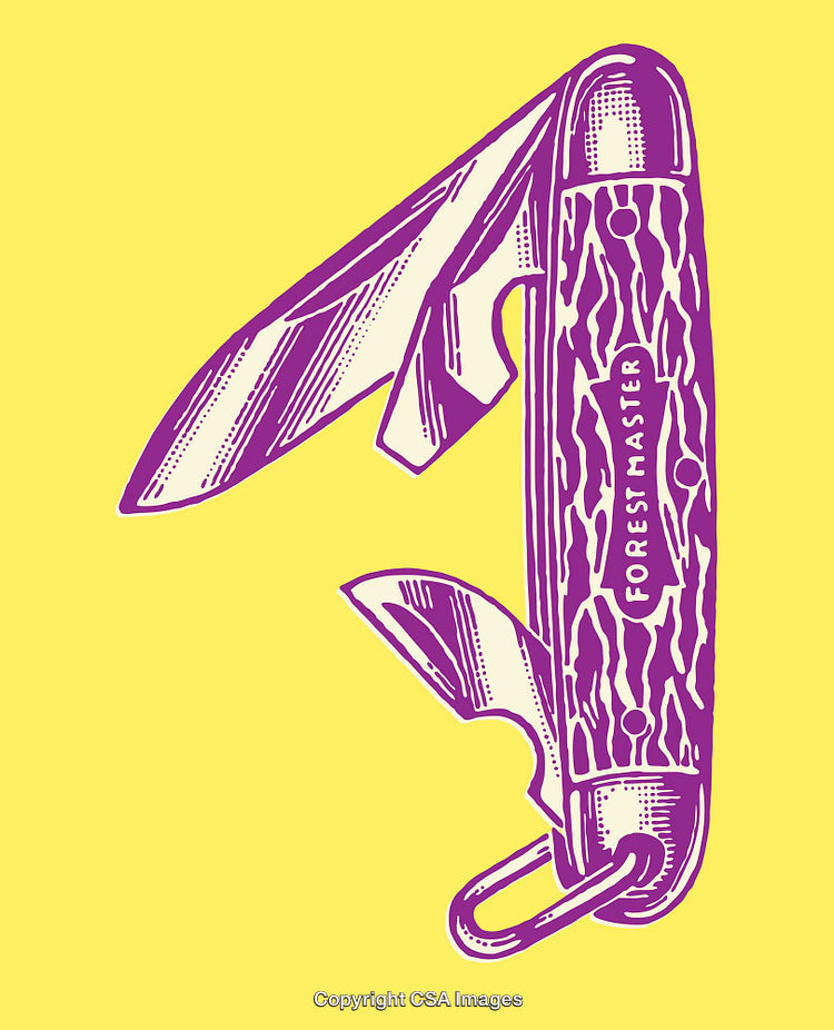 Vintage Style Purple Swiss Army Knife Illustration on Yellow Background