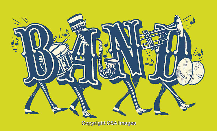 Stylish Marching Band Lettering Illustration with Instruments and Vibrant Colors