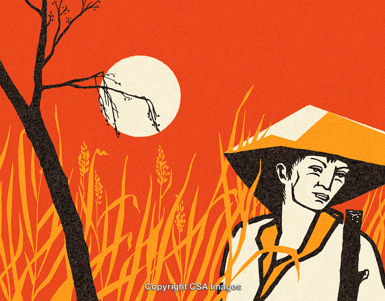 Village Worker in Vibrant Field Under Moonlit Sky Illustration