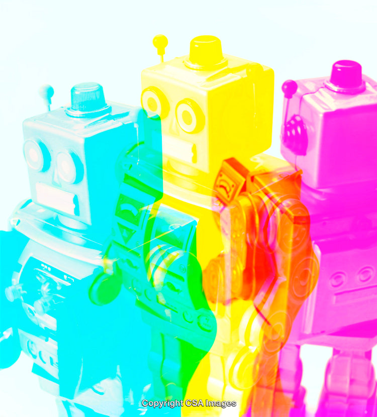 Colorful Retro Robot Toys with Vibrant Overlay Design