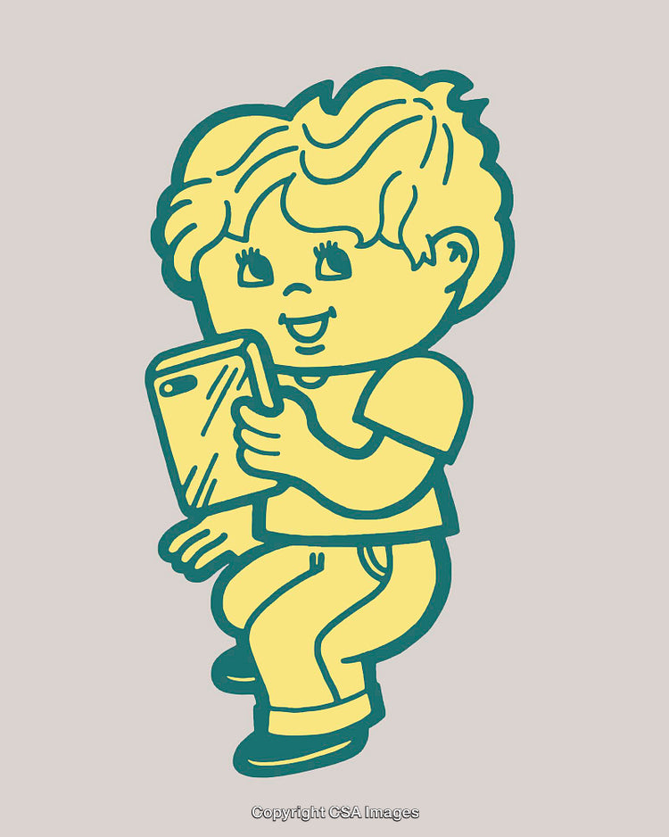 Cheerful Child Using a Phone in Playful Line Art Style