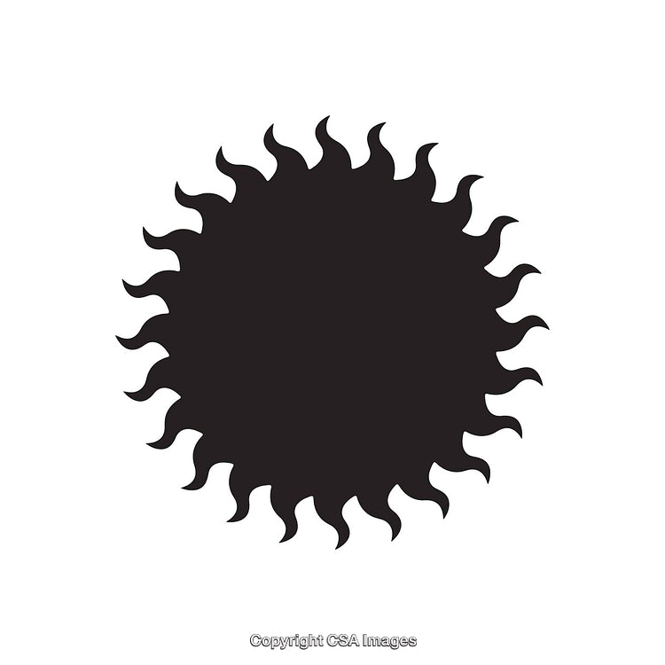 Black Sun Dingbat Design With Radiating Curved Rays on White Background