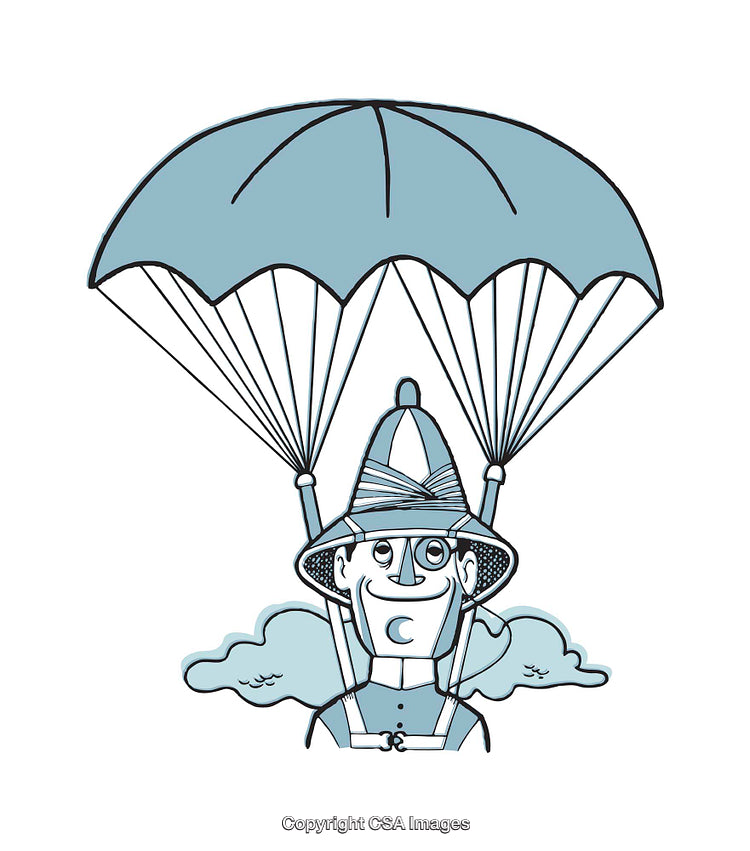 Cartoon Illustration of a Parachutist in Midair with a Smiling Expression