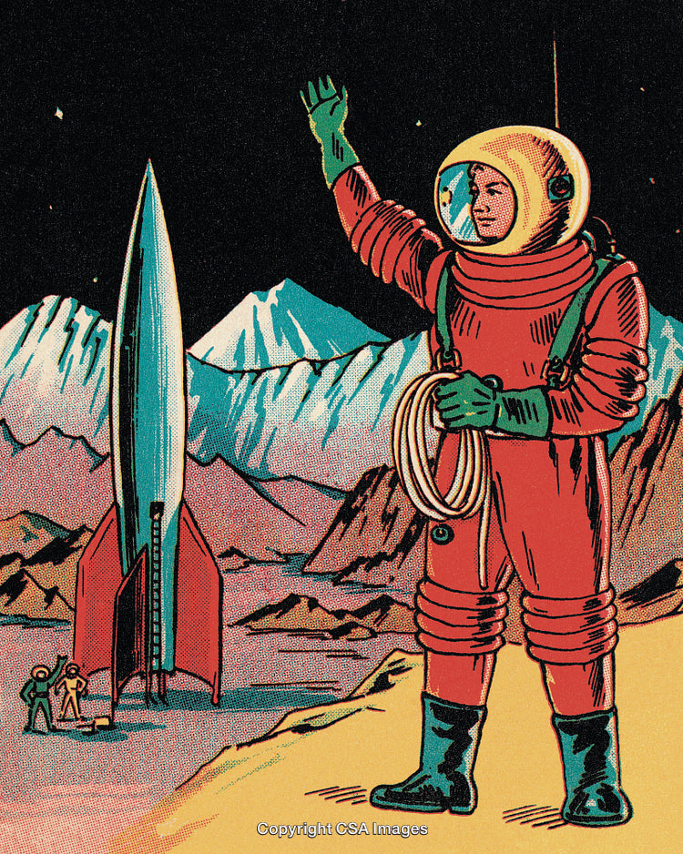 Futuristic Space Illustration Featuring an Astronaut and Rocket on an Alien Planet