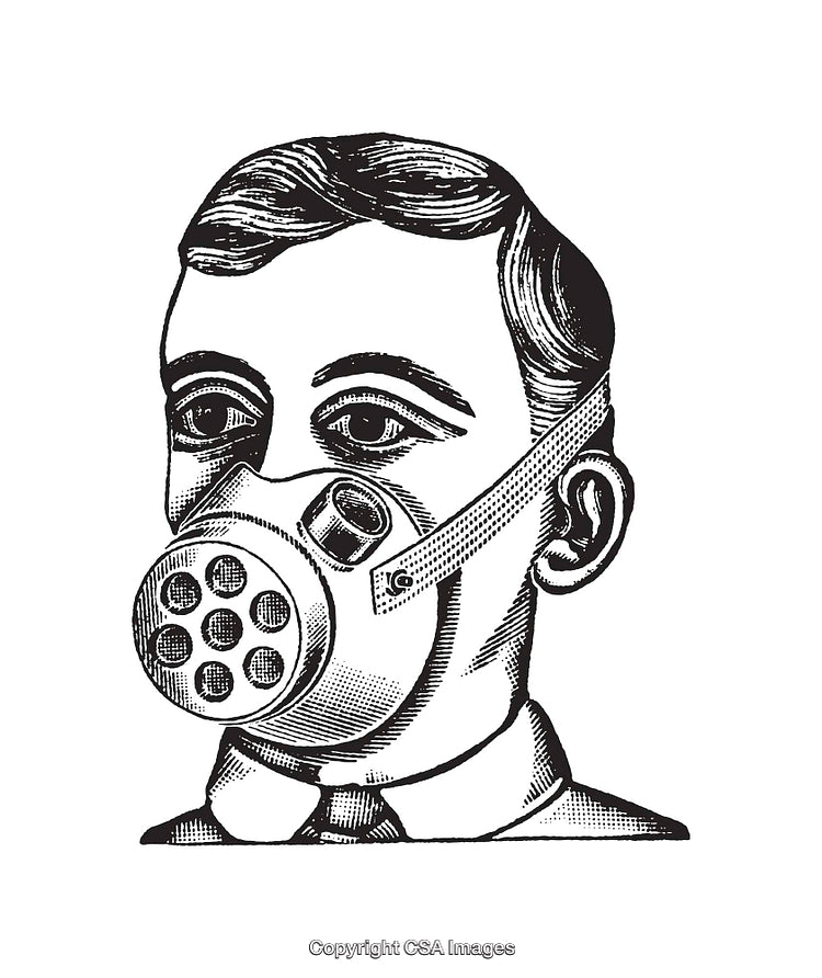 Vintage Black and White Illustration of Man Wearing Safety Respirator Mask