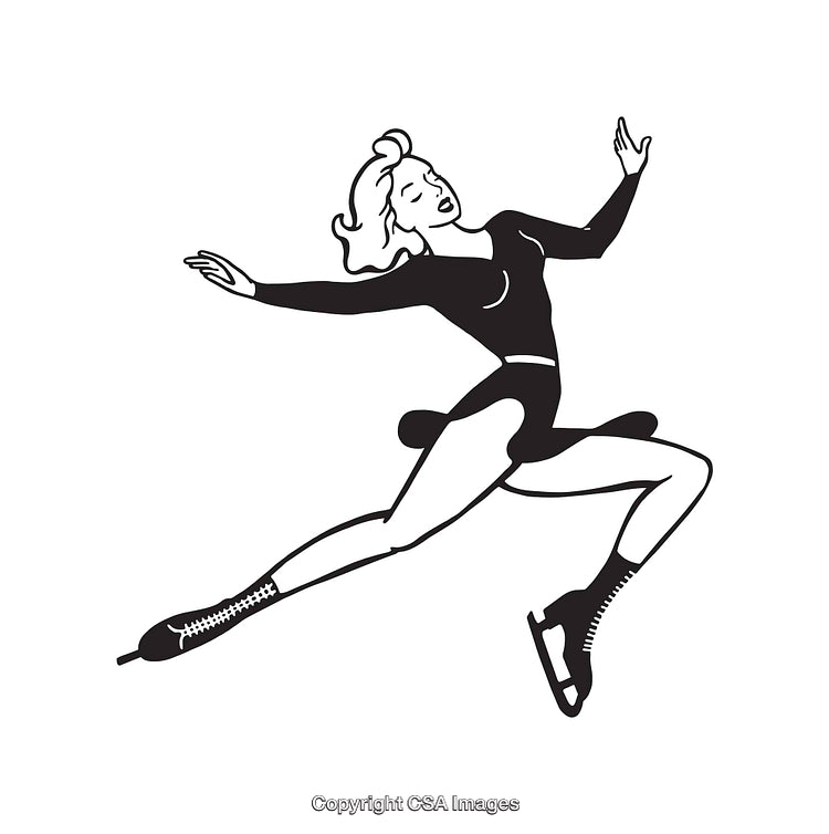 Figure Skater Performing Graceful Jump in Black and White Line Art