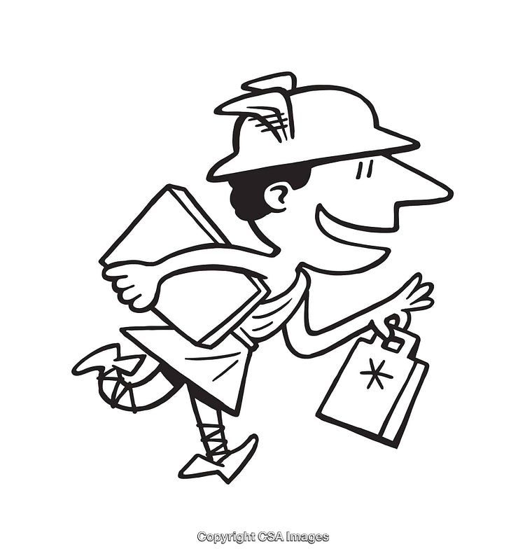 Cartoon Delivery Person Running and Holding Clipboard in Black and White