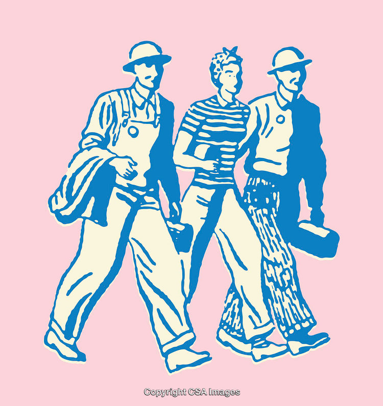 Vintage Stylized Illustration of Three Workers Marching in Unity