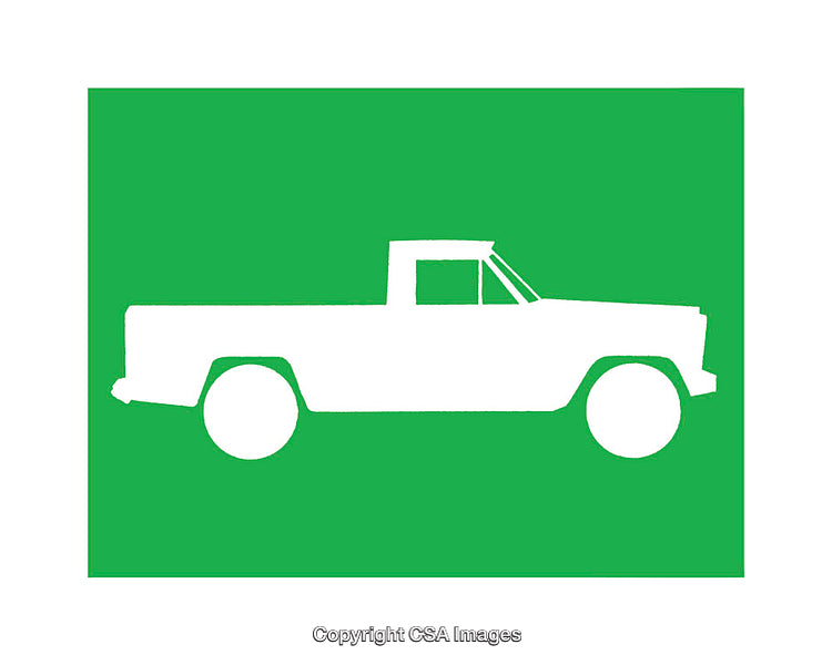 White Silhouette Pickup Truck Icon on a Green Background