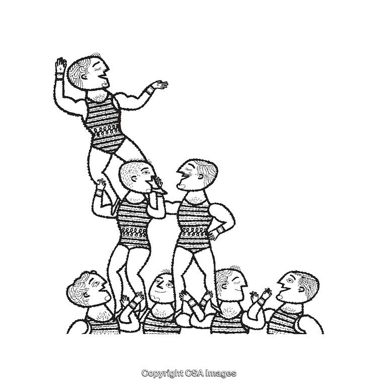 Vintage Line Art Illustration of Circus Performers in a Team Balancing Act